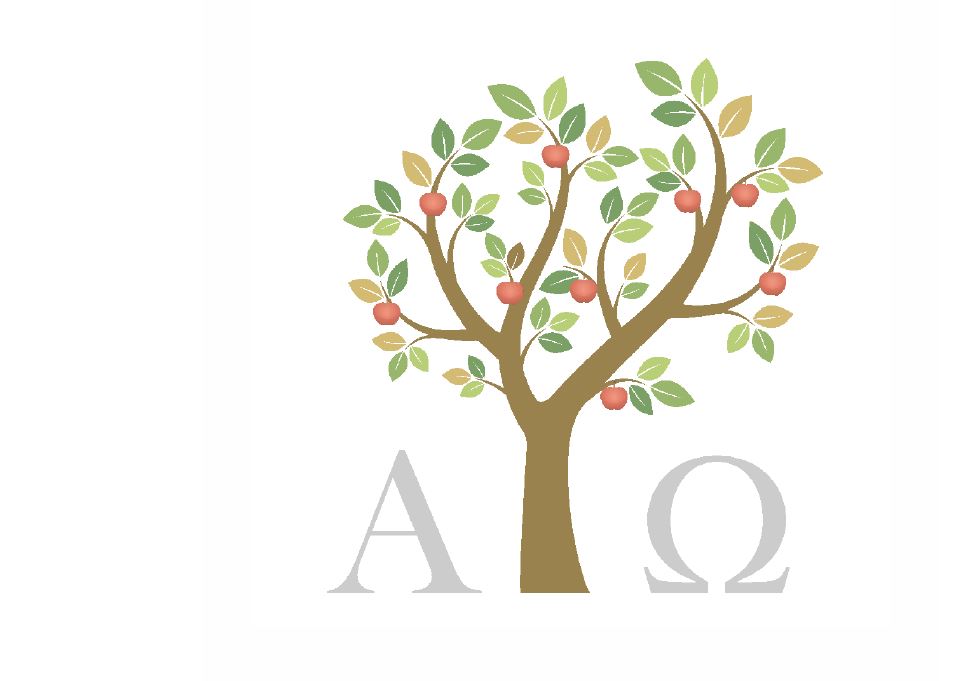 Ein Apfelbaum, neben dem die Buchstaben A und Omega stehen