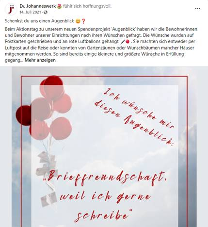 Facebook-Post mit dem Augenblick-Wunsch: Brieffreundschaft, weil ich gerne schreibe. 