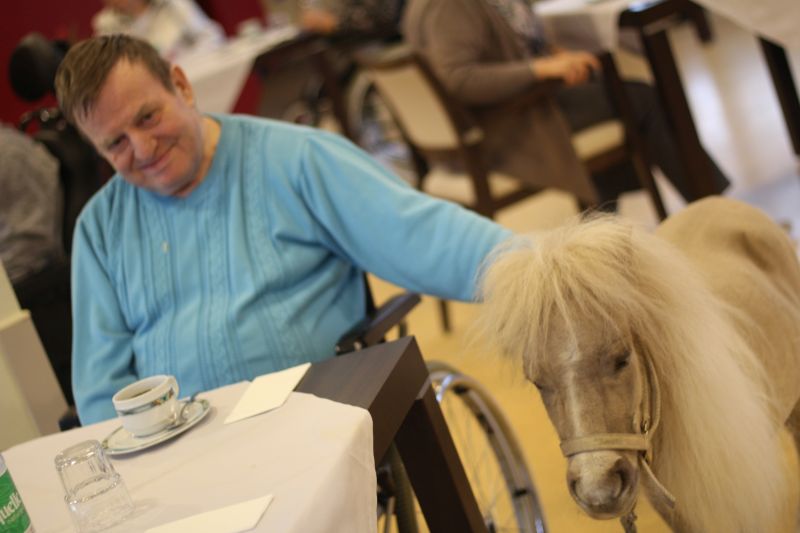 Ein Mann, der an einem Tisch sitzt und ein kleines, weißes Pony streichelt
