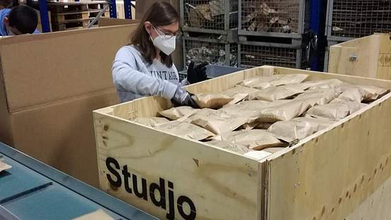 Eine Frau mit Maske, die vor einen großen Holzkiste mit Studjo-Karopack Verpackungen stecht