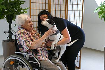 Hospizbegleiterin Petra Siegmann-Sauer mit Hund Lilly im Kontakt mit einer Bewohnerin. Fotos: Christoph Mihm 