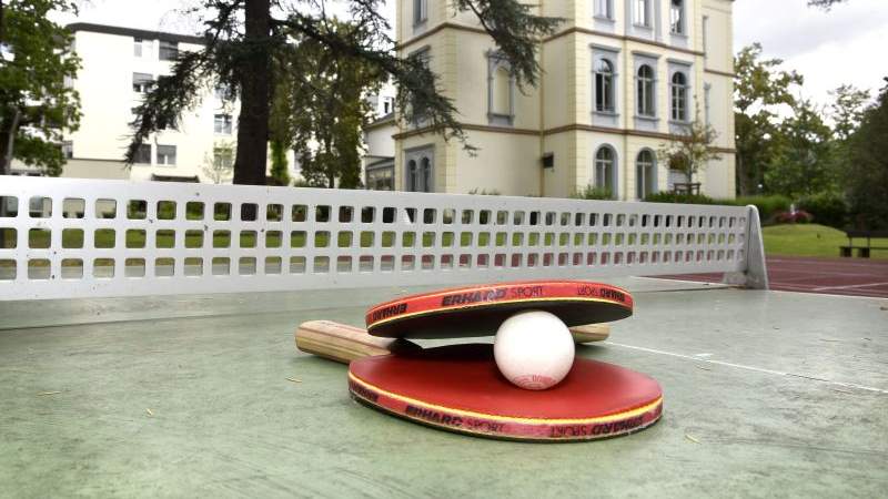 Eine Tischtennisplatte, auf der zwei Schläger und ein Ball liegen