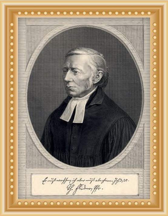 Kupferstich von Theodor Fliedner in seinem Pastoren-Gewand, Blick nach links gerichtet.